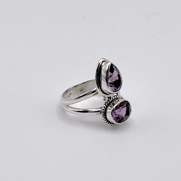 Genuine Faceted Amethyst Oval & Tear Drop .925 Sterling Silver Ring - Picture 11 of 17